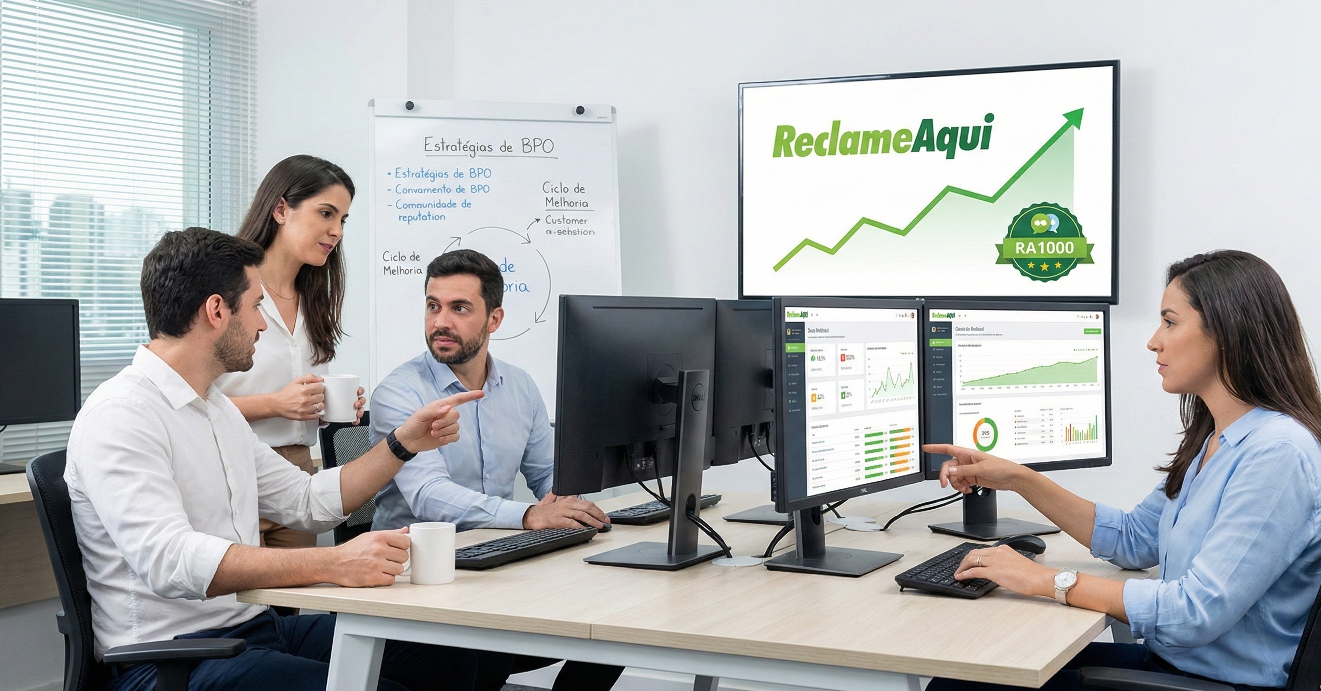 Equipe de monitoramento de reputação analisando métricas de satisfação